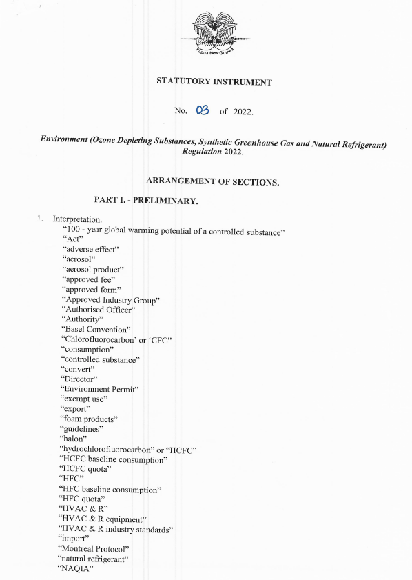 Papua New Guinea Environment (Ozone Depleting Substances, Synthetic Greenhouse Gases & Natural Refrigerants) Regulations 2022